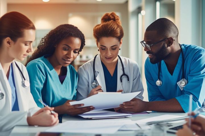 Nurses and physicians meeting to coordinate their care procedures.