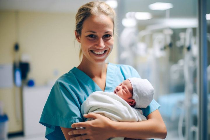 A postpartum nurse cares for a newborn baby.