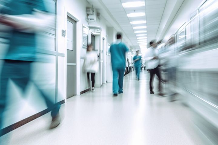 View of a busy and understaffed hospital, from the hallway.