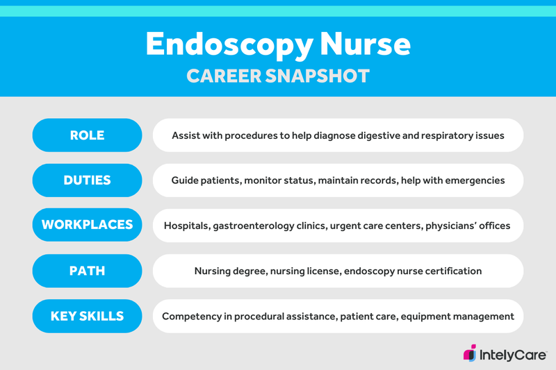 A graphic career summary for an endoscopy nurse, including role, duties, workplaces, path, and key skills.