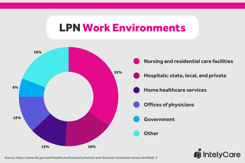 Graphic showing the percentage of LPNs working in the top 5 most common workplaces.