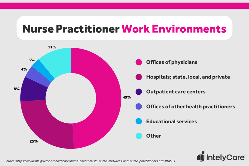 A graphic showing the top 5 work environments for nurse practitioners.