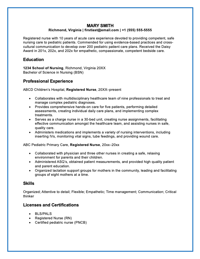 RN resume with blue border.