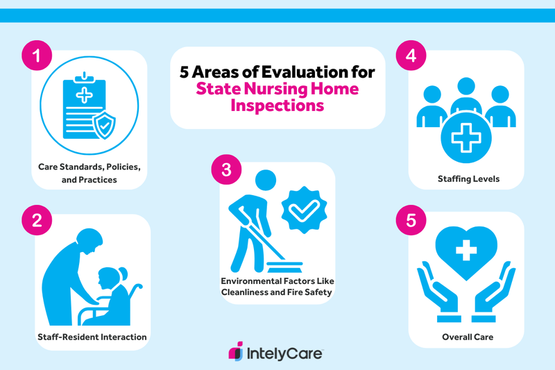 Graphic showing the five main areas of evaluation in a state nursing home inspection.