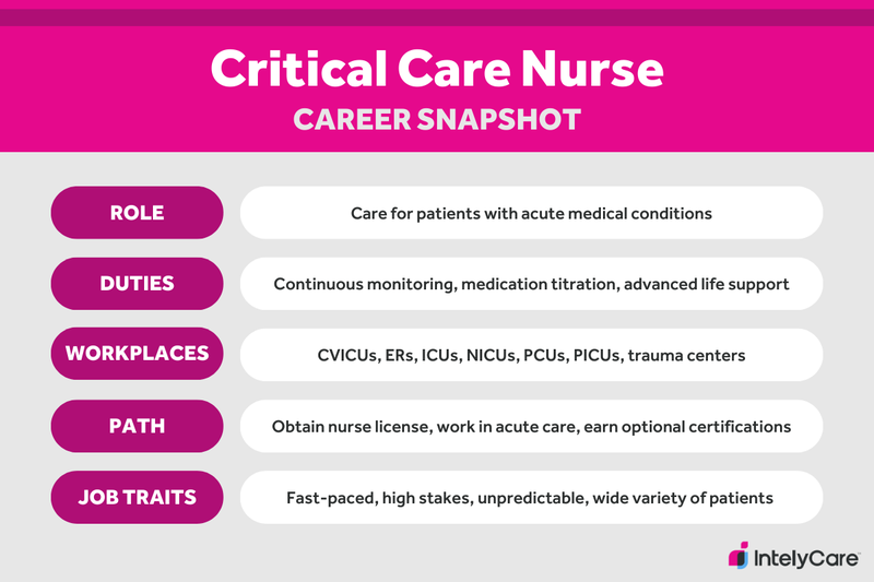 Graphic of critical care nursing career snapshot.