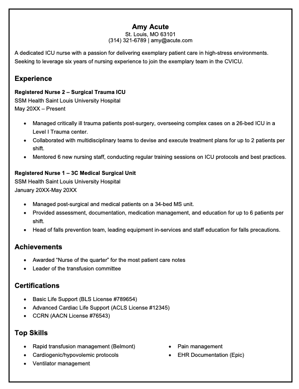 ICU nurse resume for a job