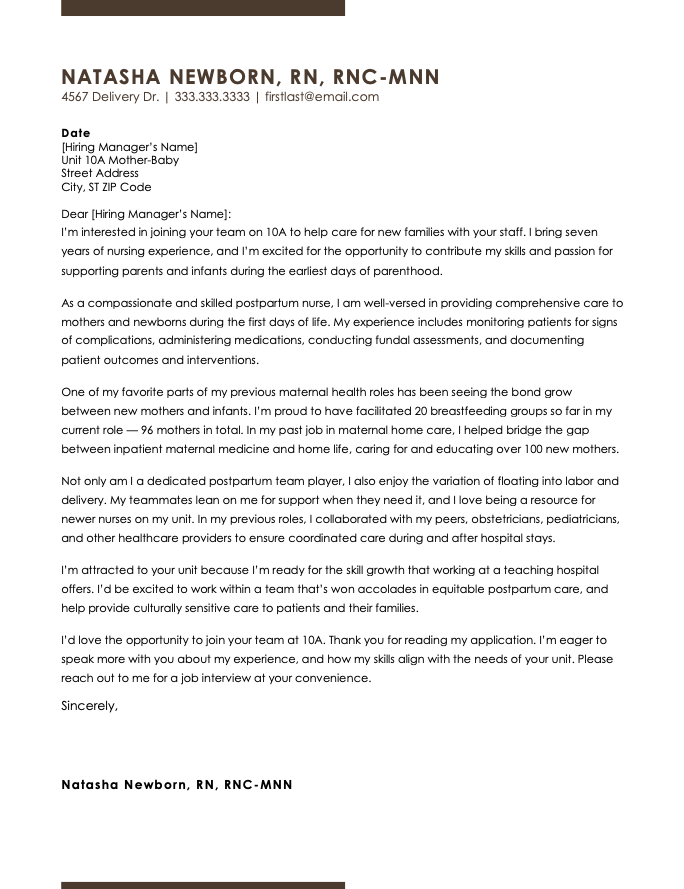 Nursing cover letter example