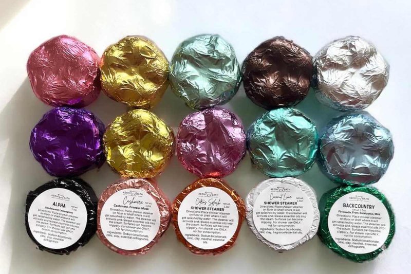 Shower steamers in a variety of colors.