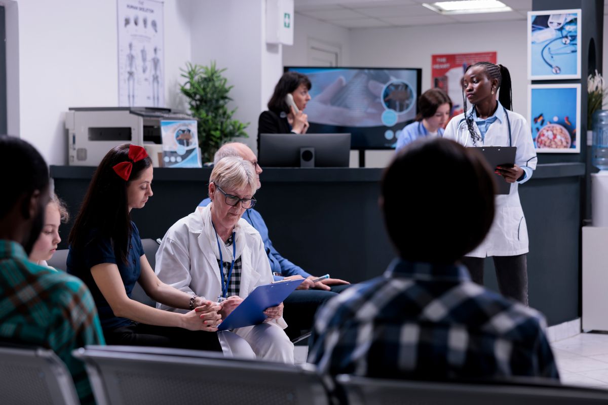 The lobby of a hospital that provides concierge care.