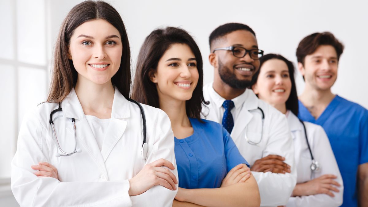 Members of a hospital's staff pose for the camera.