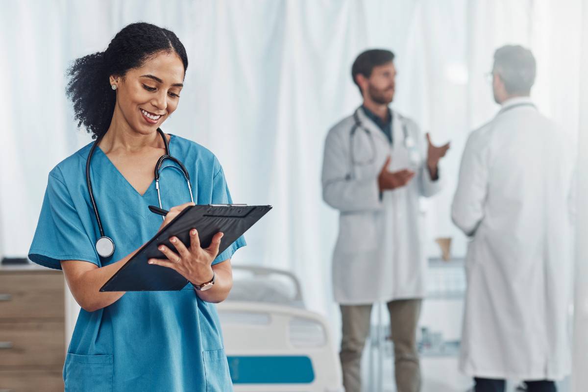 A nurse works on her Nebraska nursing license renewal process.