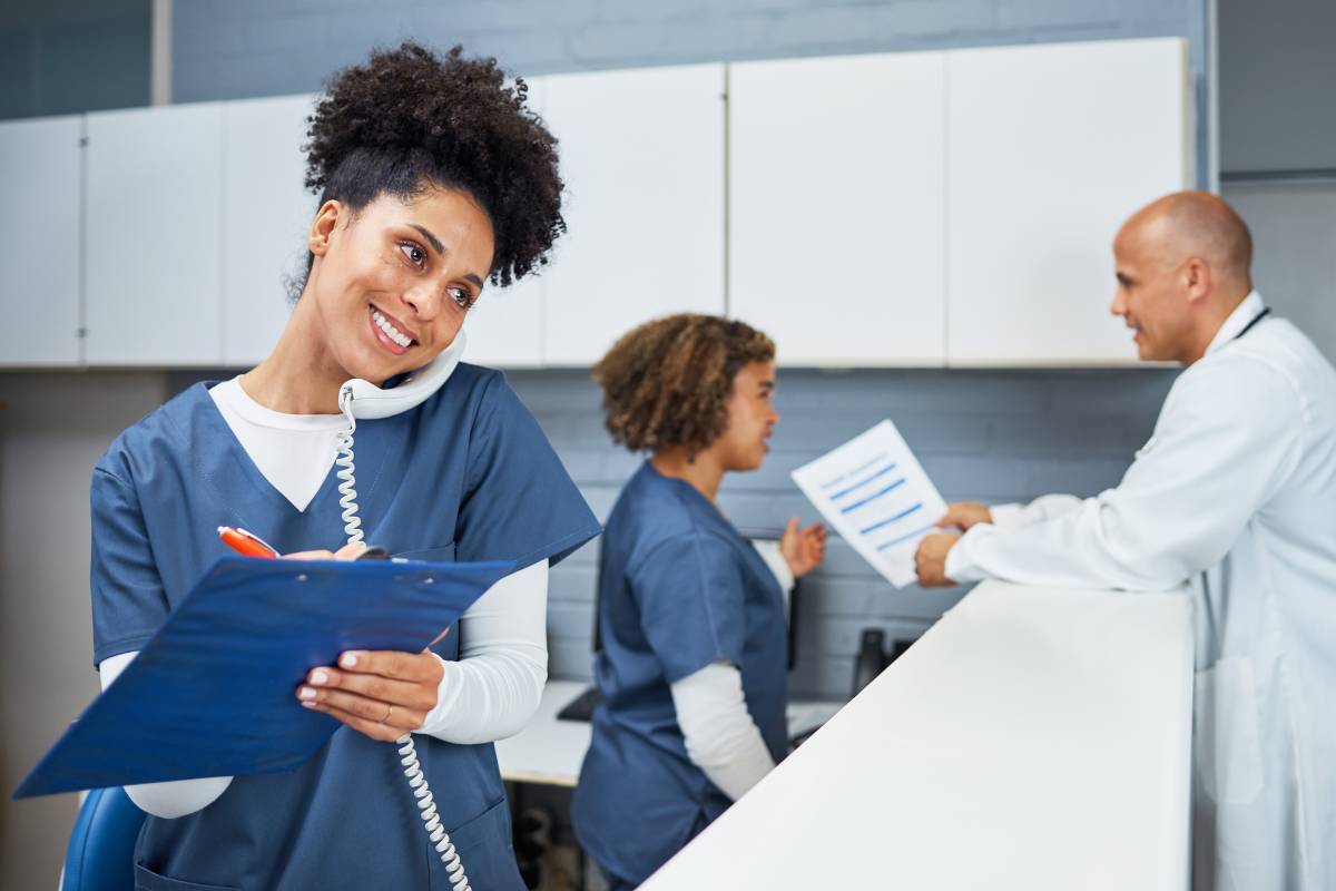 A nurse fields a call about workplace rights for nurses with disabilities.