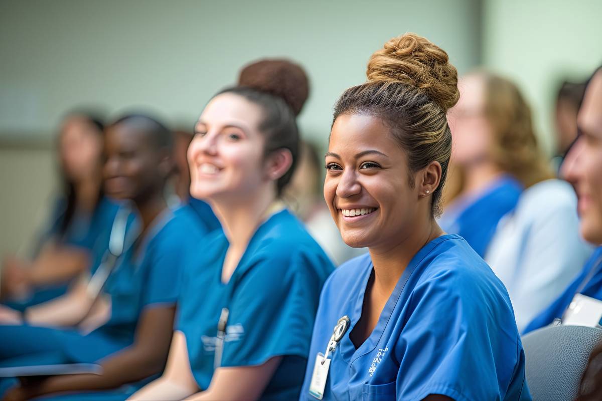 A woman attends nursing conferences for work.