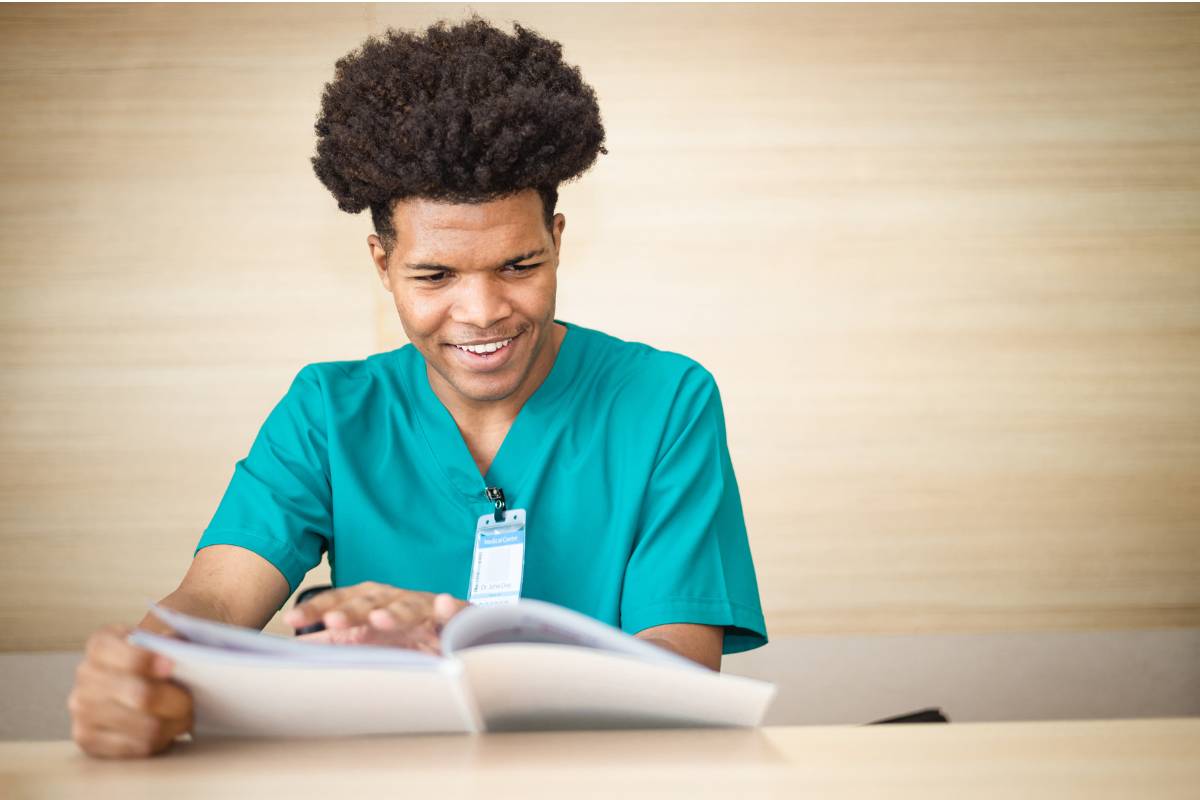 A nursing student studies for a nursing entrance exam.